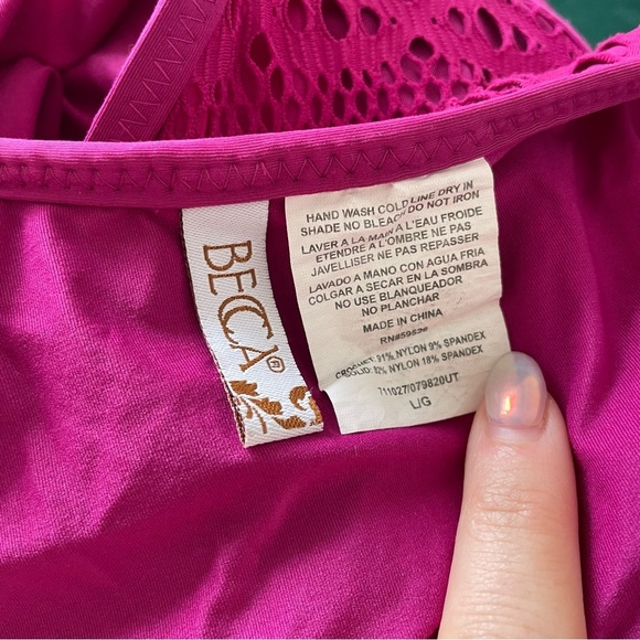 BECCA by Rebecca Virtue Color Play Fuchsia Crochet One Piece Swimsuit EUC Size L - Picture 7 of 10